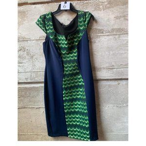Eva Franco Navy Blue and Green Fitted Midi Dress